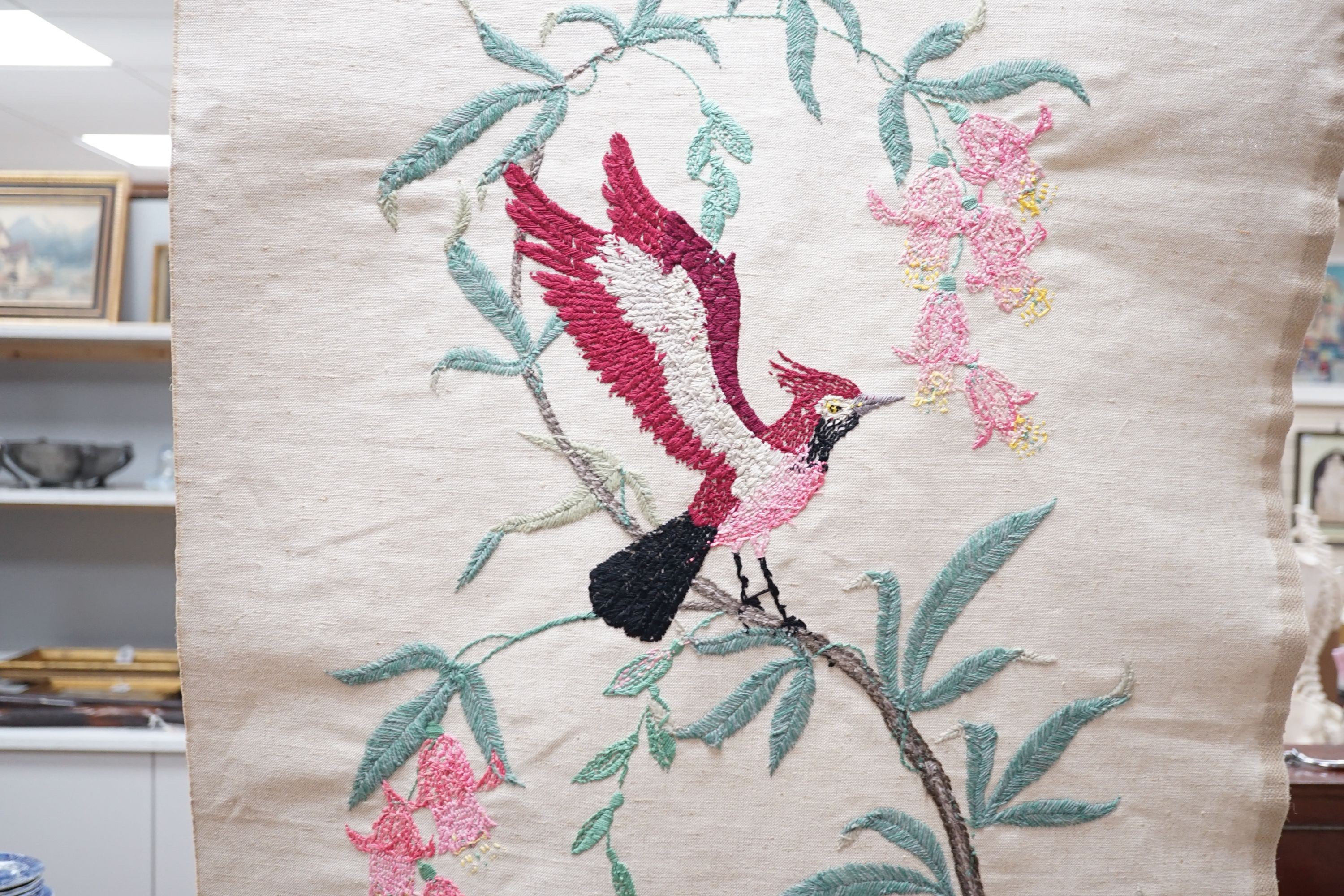 A contemporary wool work and silk embroidered, 'Tree of Life' panel, 170 cms high.
